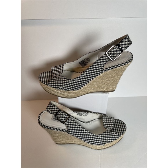 American Eagle Black Gingham Slingback Buckle Wedge Espadrilles Sandal Size 9 - Picture 4 of 14